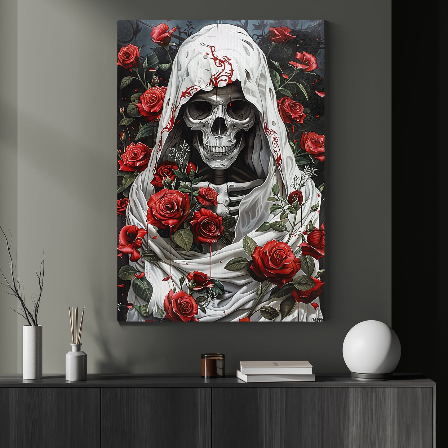 Gothic Rose Reaper Halloween Canvas Painting, Hauntingly Beautiful Skeleton Spooky Season Wall Art Decor, Halloween Poster Gift