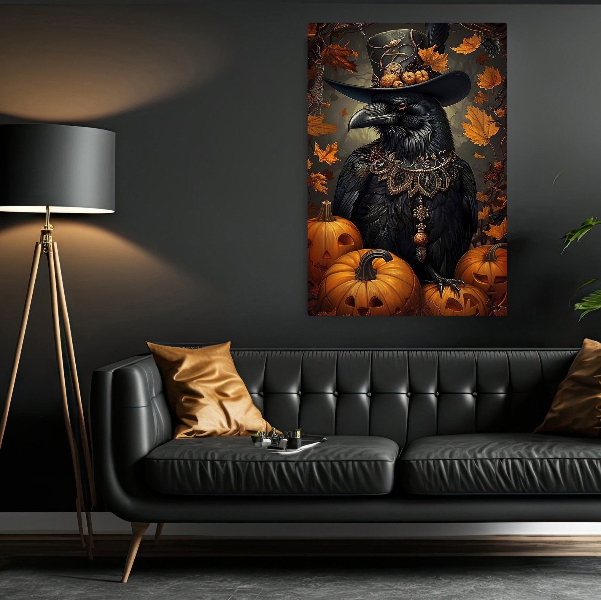 Victorian Raven Halloween Canvas Painting, Spooky Season Wall Art