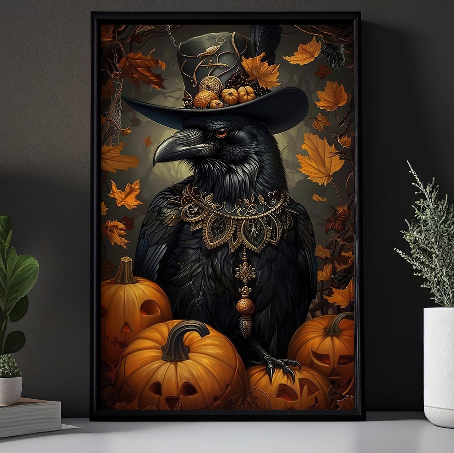 Victorian Raven Halloween Canvas Painting, Spooky Season Wall Art Decor, Halloween Poster Gift For Raven Lovers