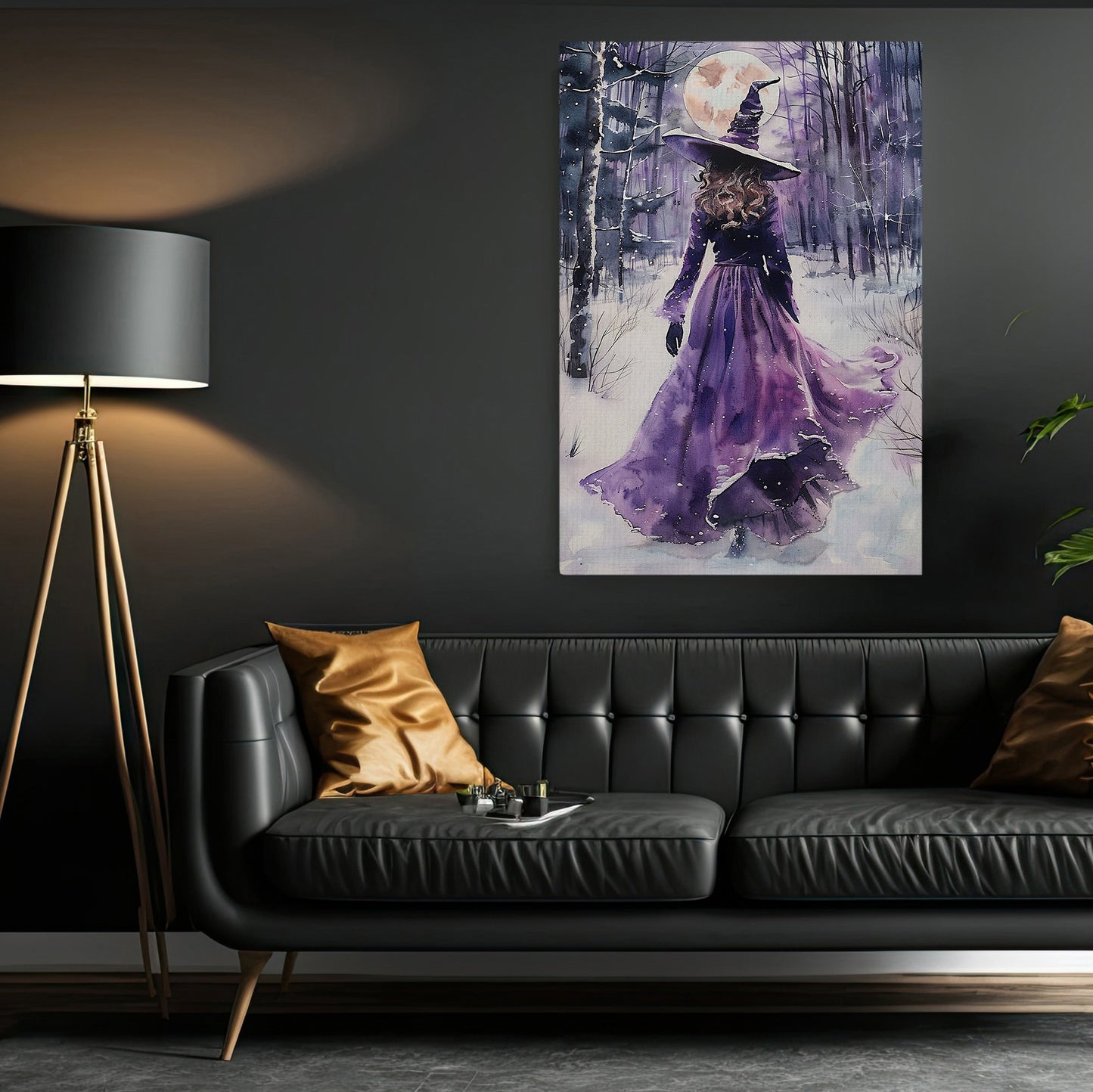 Moonlit Sorceress' Journey, Witches Canvas Painting, Spooky Season Wall Art Decor, Halloween Poster Gift For Witch Lovers