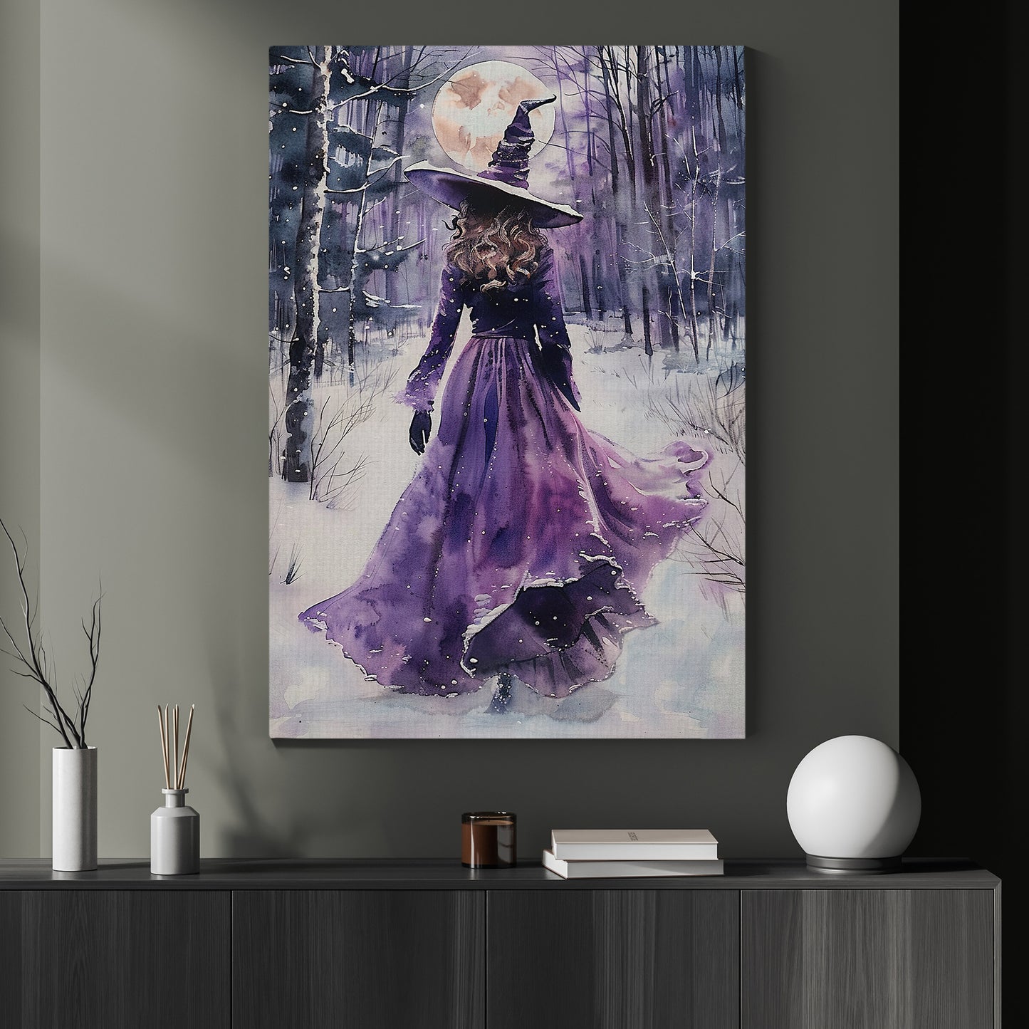 Moonlit Sorceress' Journey, Witches Canvas Painting, Spooky Season Wall Art Decor, Halloween Poster Gift For Witch Lovers