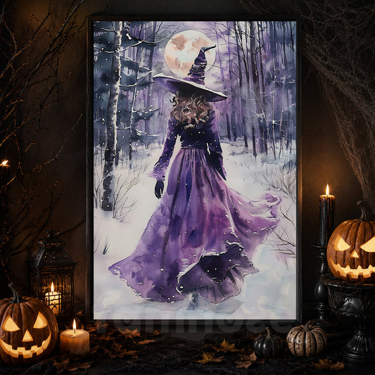 Moonlit Sorceress' Journey, Witches Canvas Painting, Spooky Season Wall Art Decor, Halloween Poster Gift For Witch Lovers