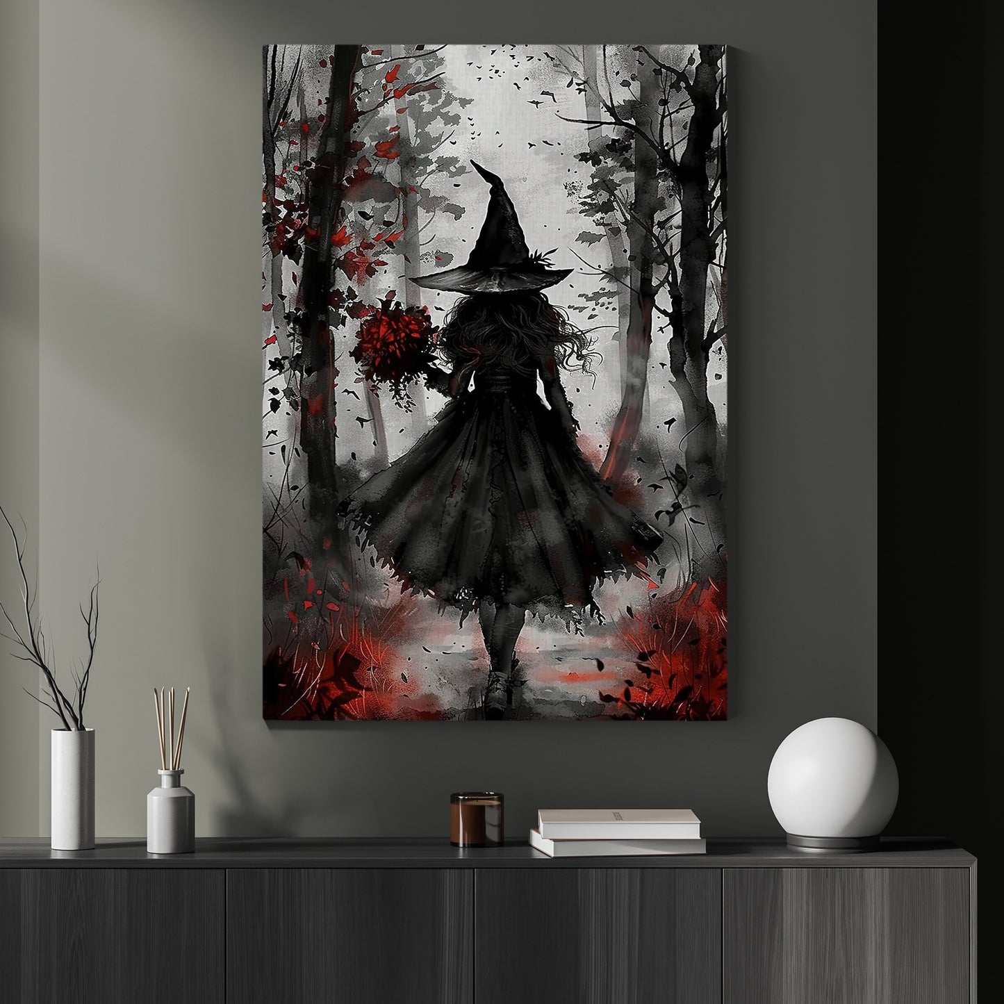 A Walk Through The Fallen Leaves, Witches Canvas Painting, Spooky Season Wall Art Decor, Halloween Poster Gift For Witch Lovers