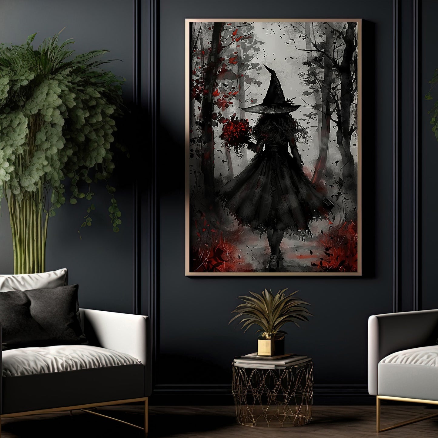 A Walk Through The Fallen Leaves, Witches Canvas Painting, Spooky Season Wall Art Decor, Halloween Poster Gift For Witch Lovers