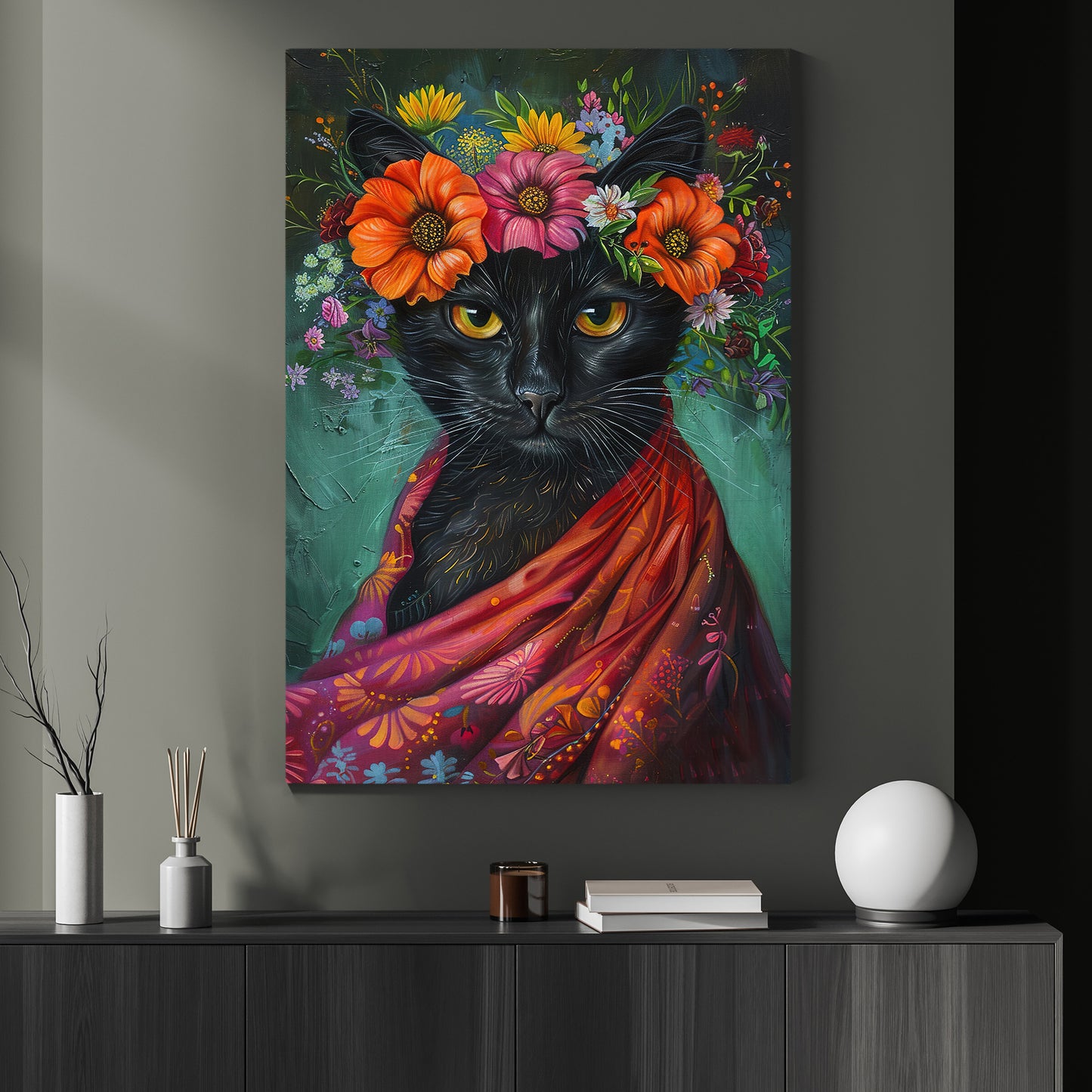 A Cat's Blossom Portrait, Floral Victorian Black Cat Canvas Painting, Victorian Animal Wall Art Decor, Poster Gift For Cat Lovers