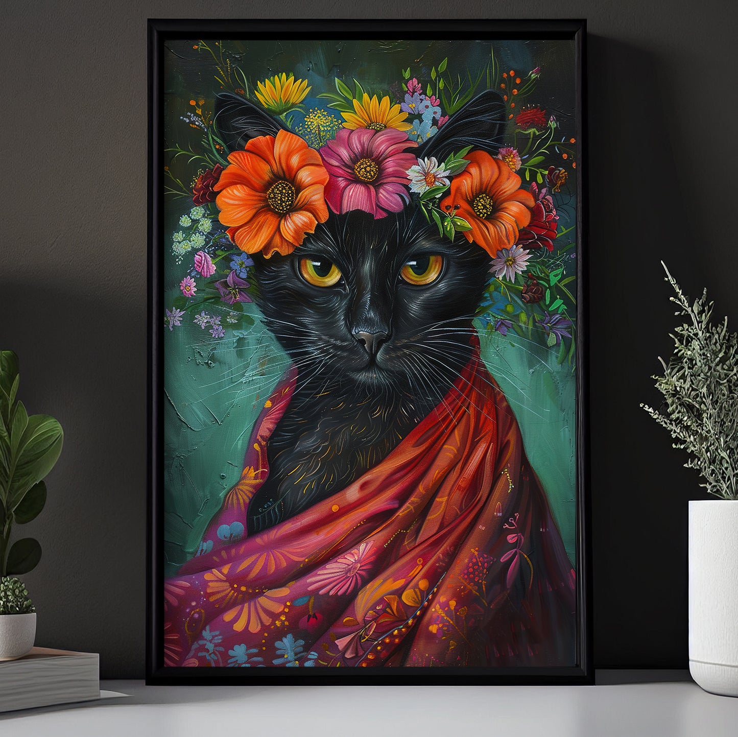 A Cat's Blossom Portrait, Floral Victorian Black Cat Canvas Painting, Victorian Animal Wall Art Decor, Poster Gift For Cat Lovers