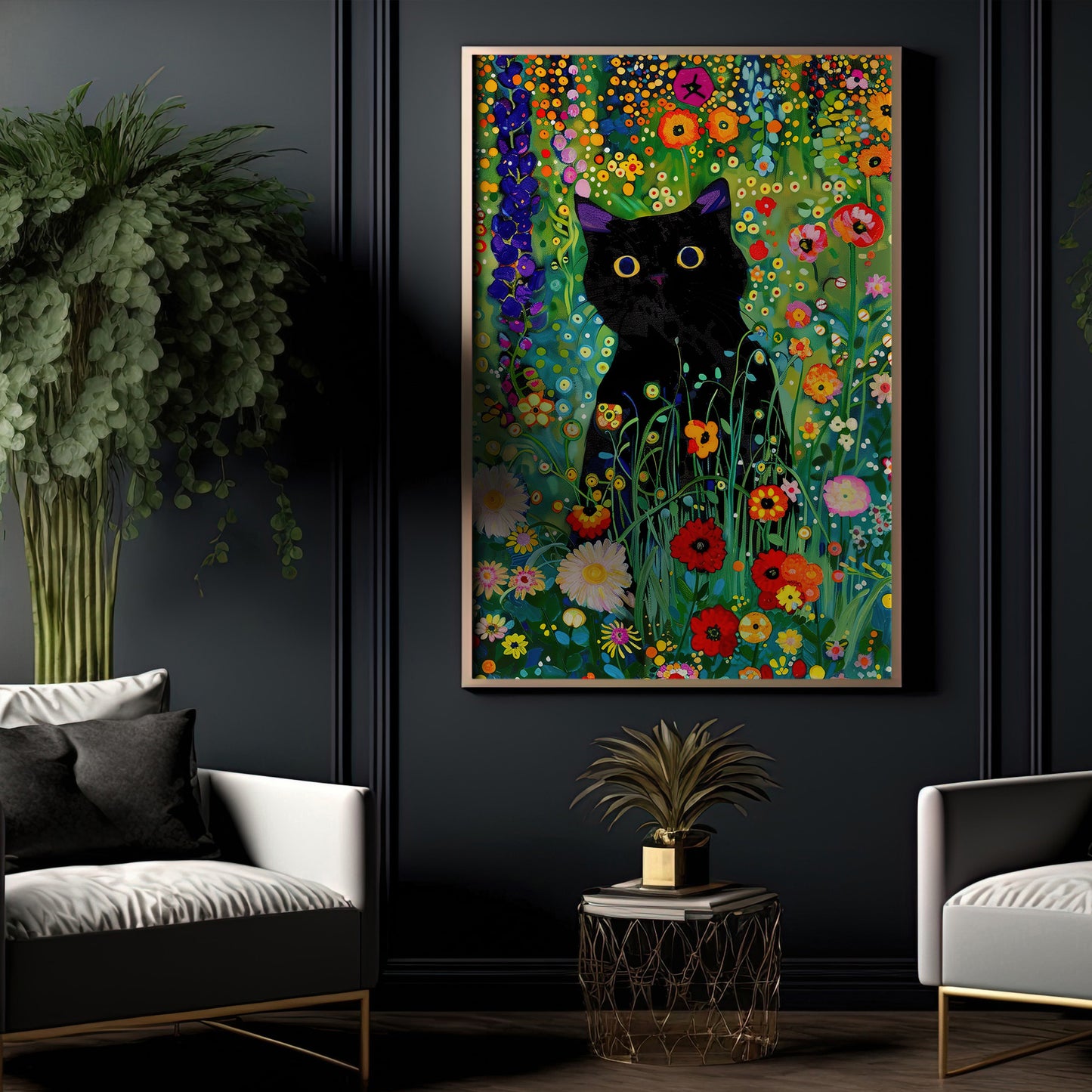 Garden Whiskers, Victorian Black Cat Canvas Painting, Victorian Animal Wall Art Decor, Poster Gift For Cat Lovers