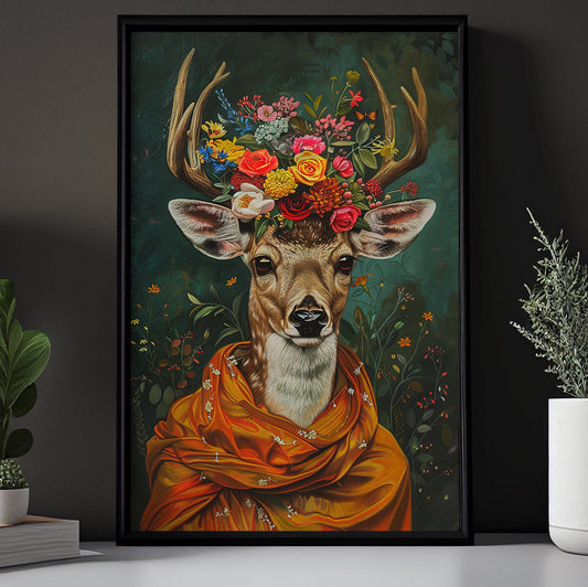 A Deer's Blossom Portrait, Floral Victorian Deer Canvas Painting, Victorian Animal Wall Art Decor, Poster Gift For Deer Lovers