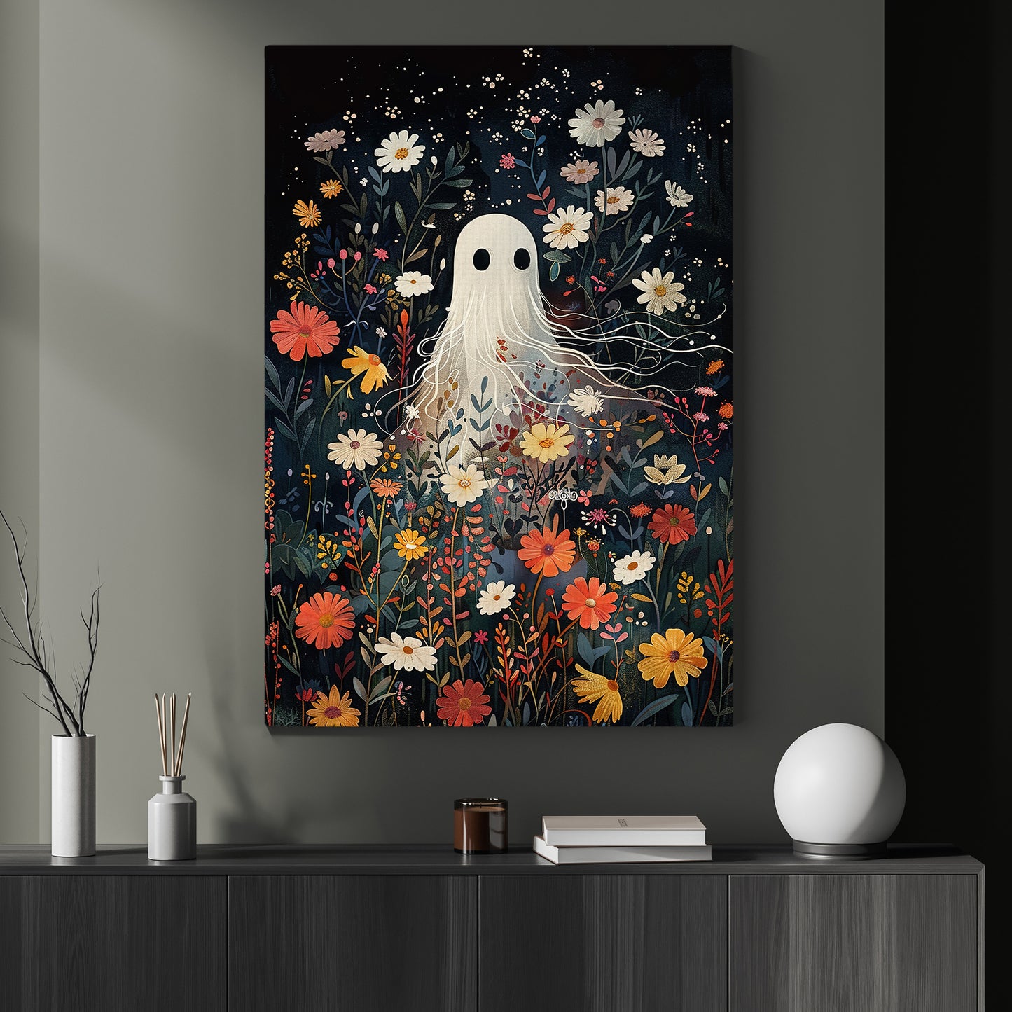 A Ghost in the Garden, Ghost Canvas Painting, Spooky Season Wall Art Decor, Halloween Poster Gift For Ghost Lovers