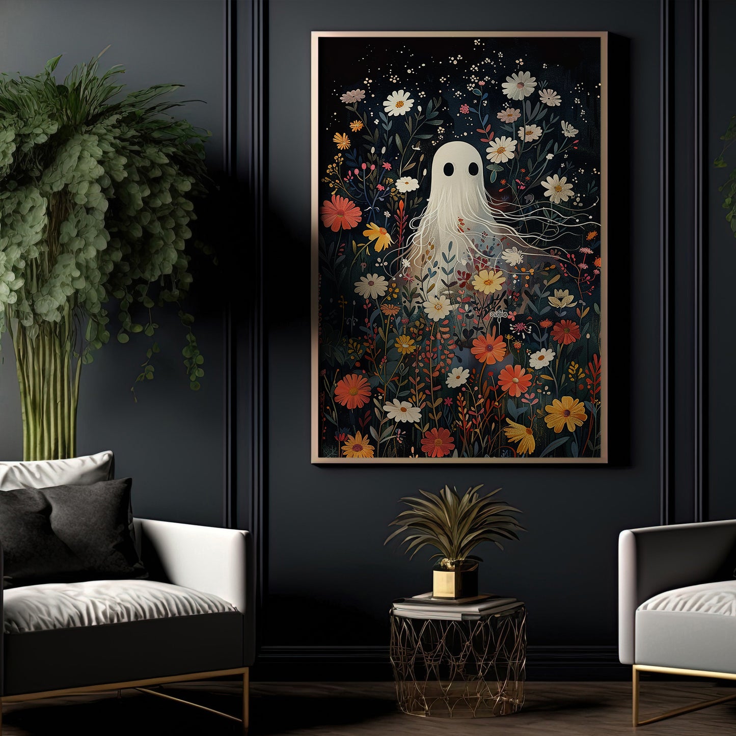 A Ghost in the Garden, Ghost Canvas Painting, Spooky Season Wall Art Decor, Halloween Poster Gift For Ghost Lovers