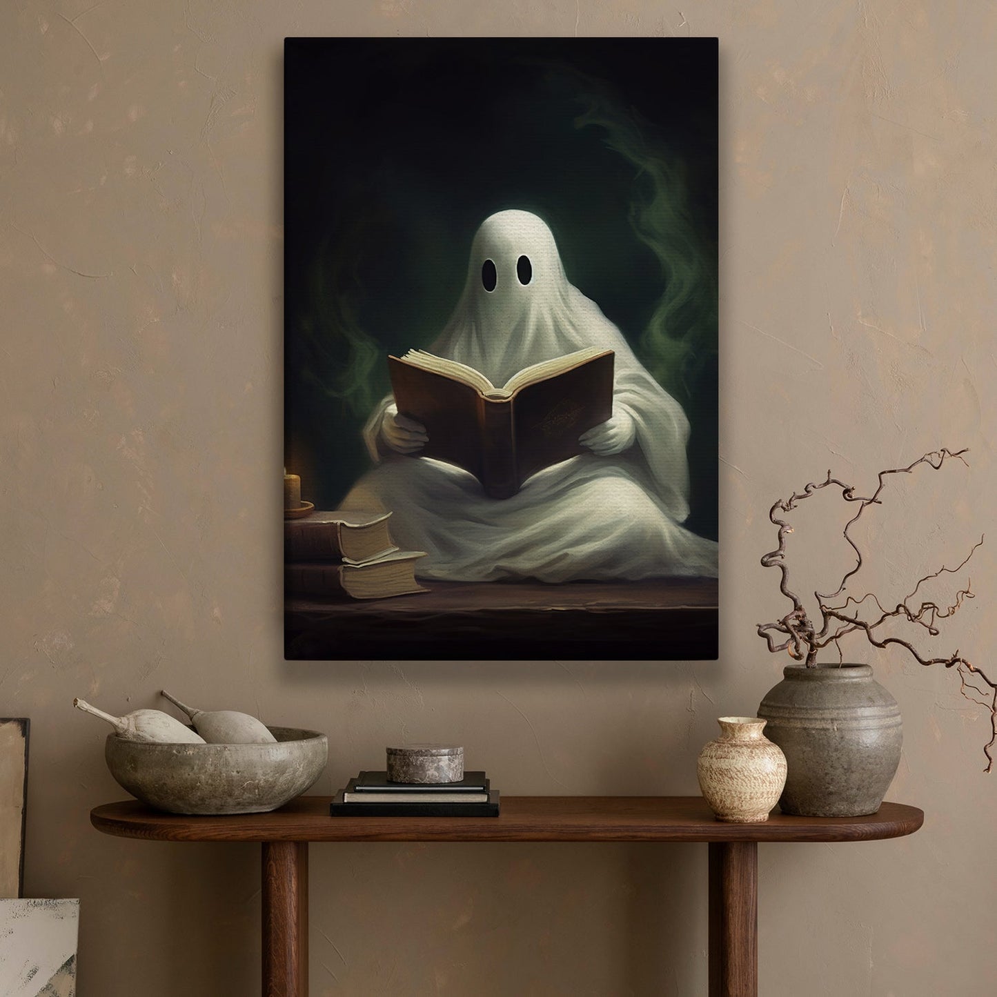 Ghost Let's Me Read Book, Ghost Canvas Painting, Dark Forest Wall Art, Poster Gift For Book Lovers