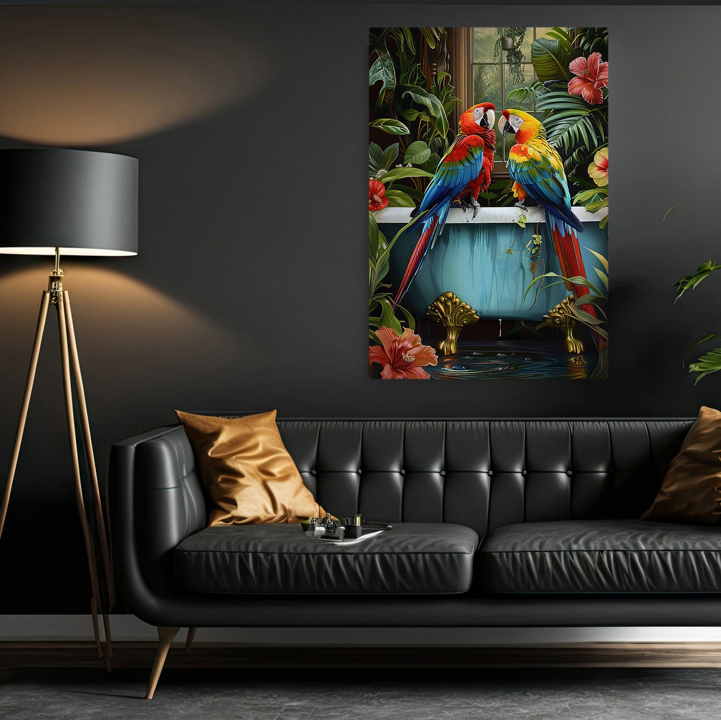 Parrots In Tropical Bliss, Floral Victorian Parrots Canvas Painting, Victorian Animal Wall Art Decor, Poster Gift For Parrots Lovers