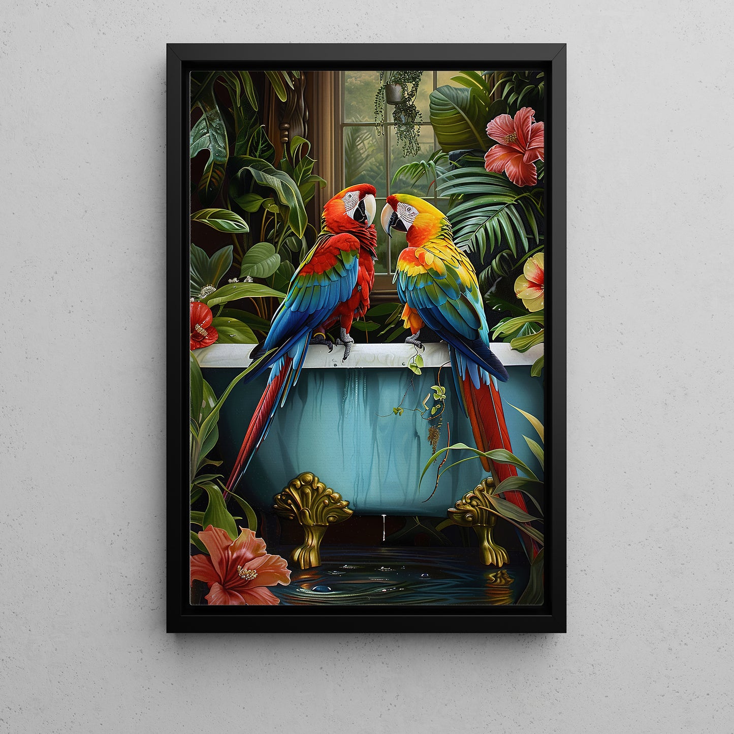 Parrots In Tropical Bliss, Floral Victorian Parrots Canvas Painting, Victorian Animal Wall Art Decor, Poster Gift For Parrots Lovers