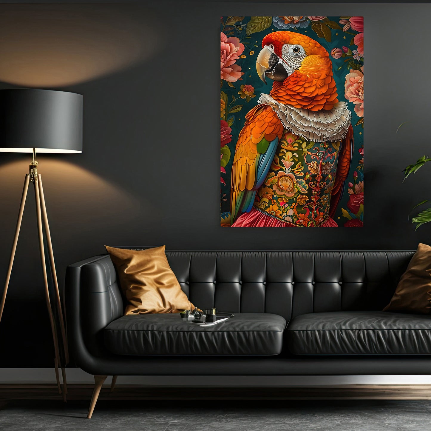 The Majestic Macaw, Floral Victorian Macaw Canvas Painting, Victorian Animal Wall Art Decor, Poster Gift For Macaw Lovers