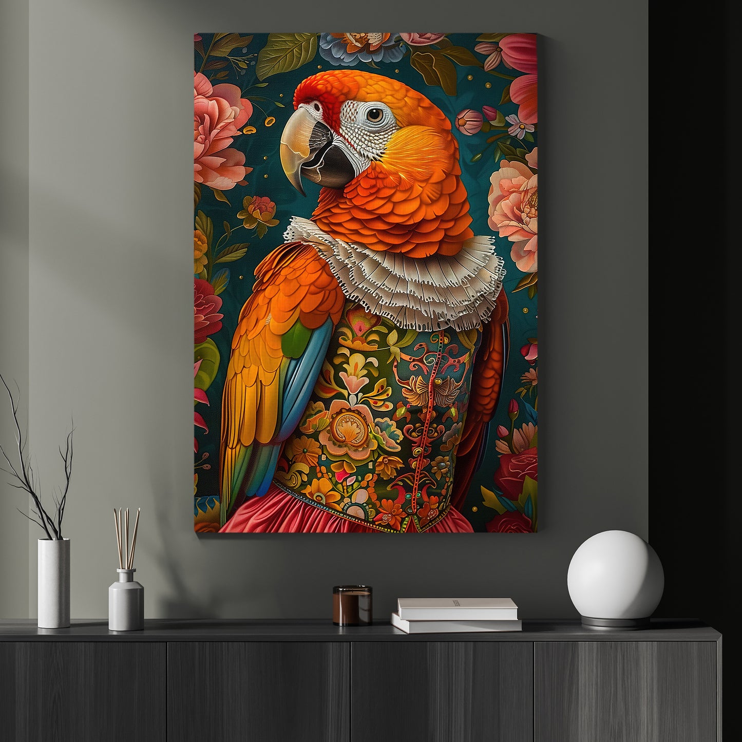 The Majestic Macaw, Floral Victorian Macaw Canvas Painting, Victorian Animal Wall Art Decor, Poster Gift For Macaw Lovers