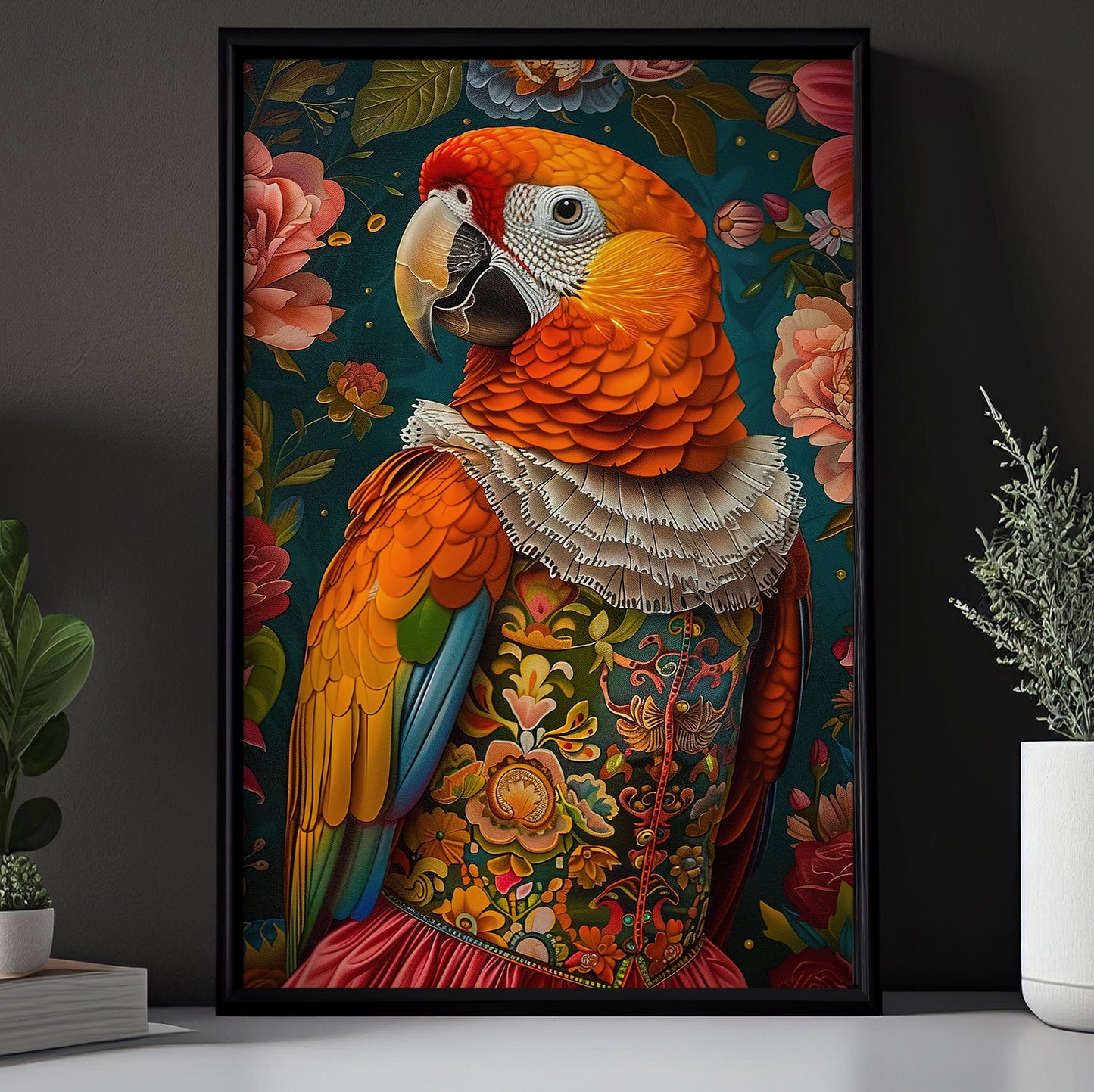 The Majestic Macaw, Floral Victorian Macaw Canvas Painting, Victorian Animal Wall Art Decor, Poster Gift For Macaw Lovers