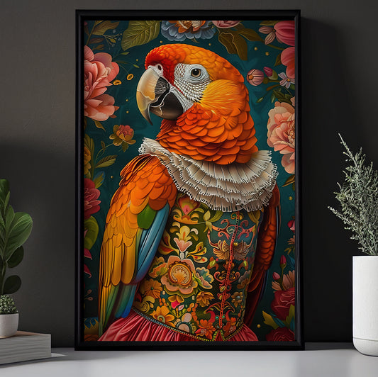 The Majestic Macaw, Floral Victorian Macaw Canvas Painting, Victorian Animal Wall Art Decor, Poster Gift For Macaw Lovers