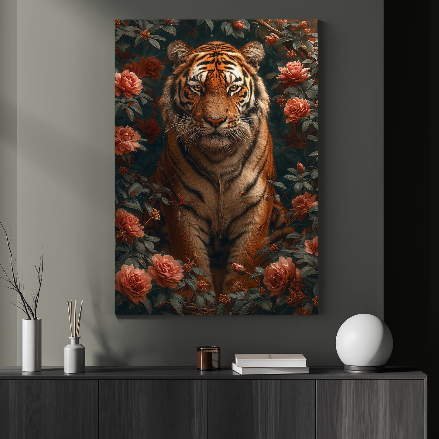 Tiger In The Rose Garden, Victorian Tiger Canvas Painting, Victorian Animal Wall Art Decor, Poster Gift For Tiger Lovers