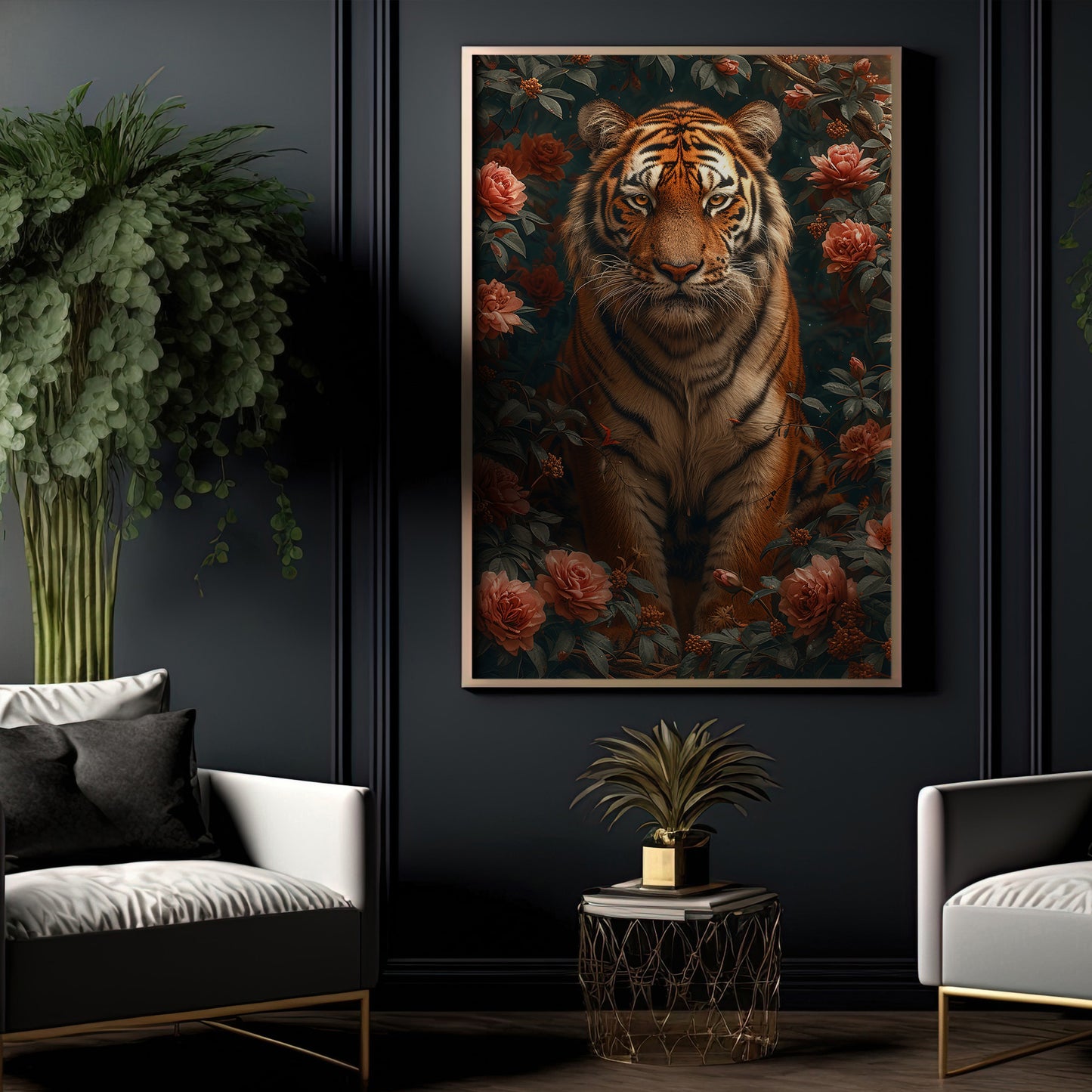 Tiger In The Rose Garden, Victorian Tiger Canvas Painting, Victorian Animal Wall Art Decor, Poster Gift For Tiger Lovers