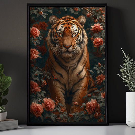 Tiger In The Rose Garden, Victorian Tiger Canvas Painting, Victorian Animal Wall Art Decor, Poster Gift For Tiger Lovers