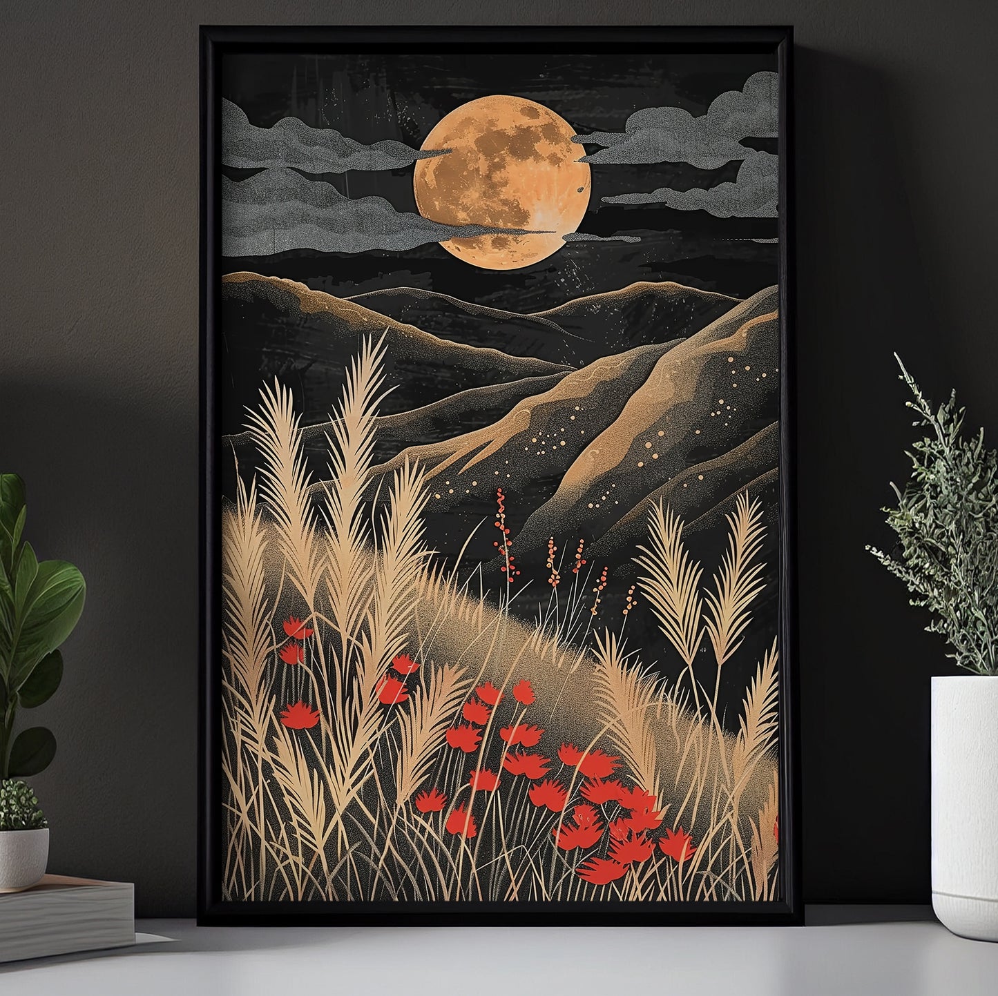 Harvest Moon Over Golden Fields, Autumn Canvas Painting, Modern Wall Art Decor, Poster Gift For Landscapes Lovers