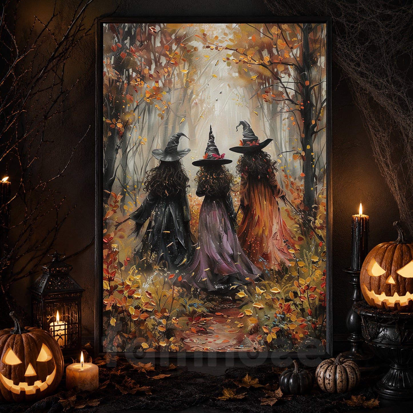 Autumn Witches Leaves Canvas Painting, Spooky Season Witch Wall Art Decor, Halloween Poster Gift For Witch Lovers