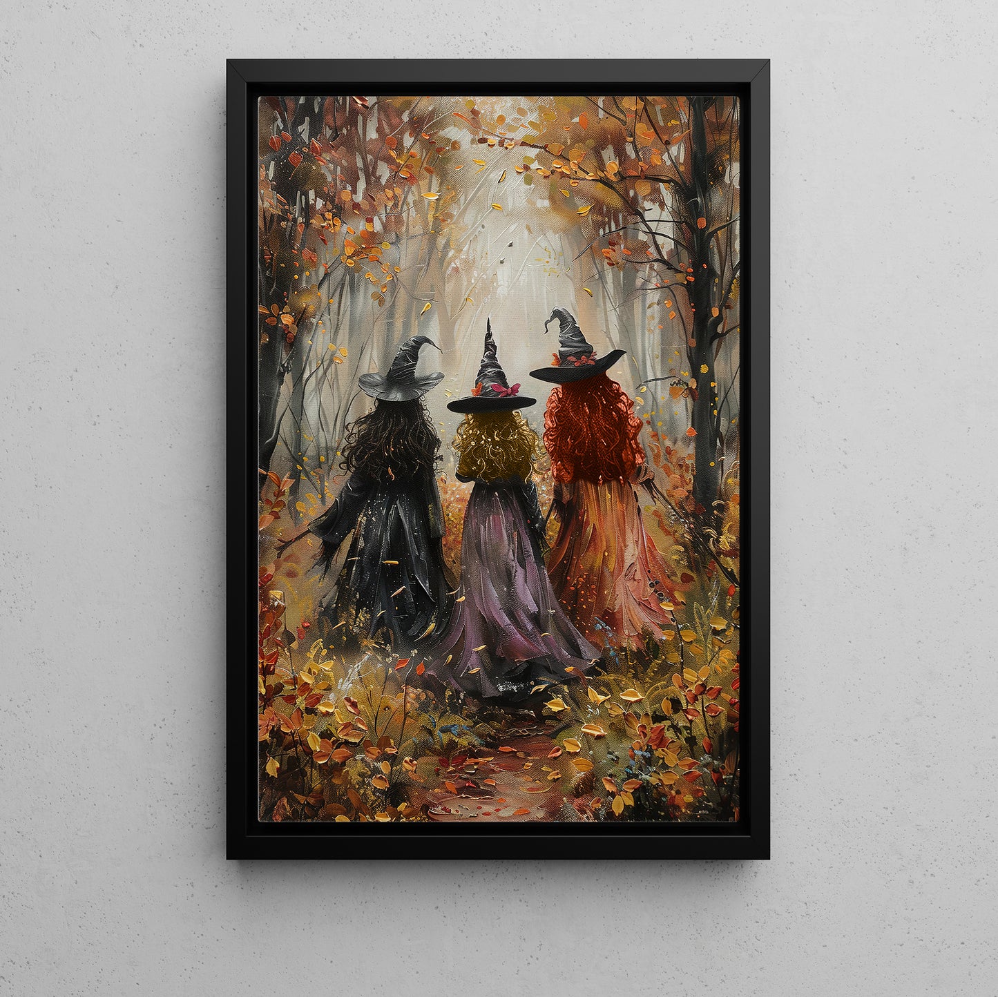 Black Yellow Red Hair Witches Canvas Painting, Spooky Season Wall Art Decor, Halloween Poster Gift For Witch Lovers