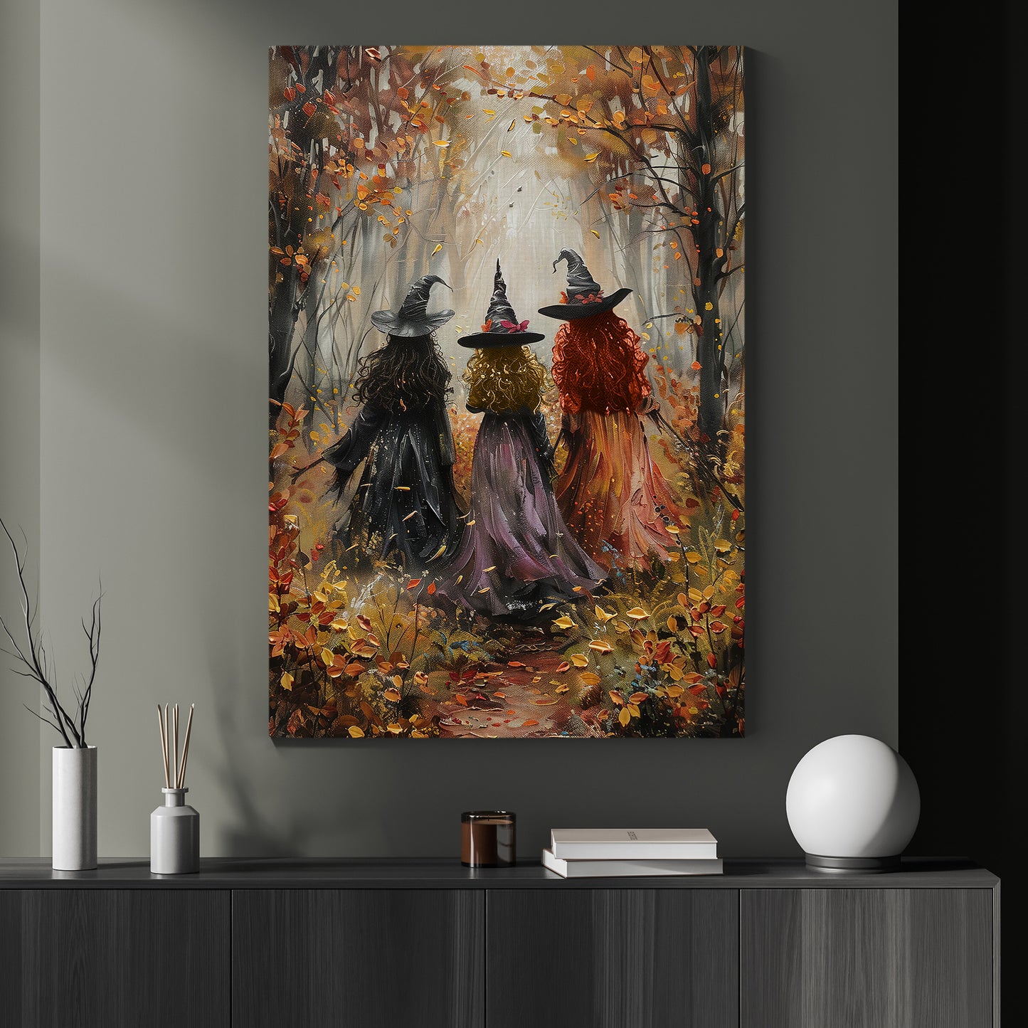 Black Yellow Red Hair Witches Canvas Painting, Spooky Season Wall Art Decor, Halloween Poster Gift For Witch Lovers