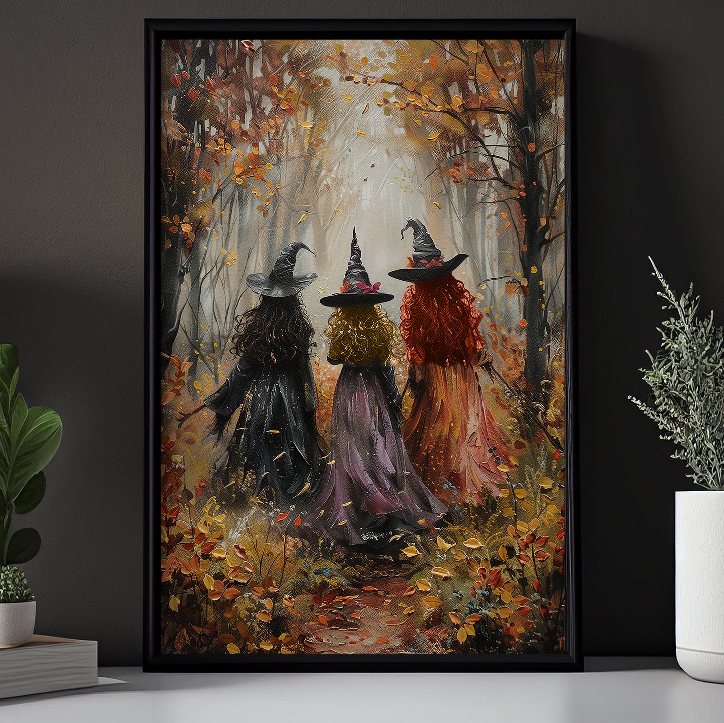 Black Yellow Red Hair Witches Canvas Painting, Spooky Season Wall Art Decor, Halloween Poster Gift For Witch Lovers