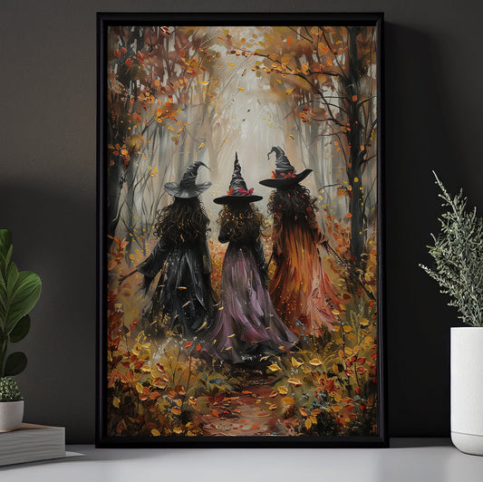 A Witches' Walk Amidst Autumn Leaves, Witches Canvas Painting, Spooky Season Wall Art Decor, Halloween Poster Gift For Witch Lovers