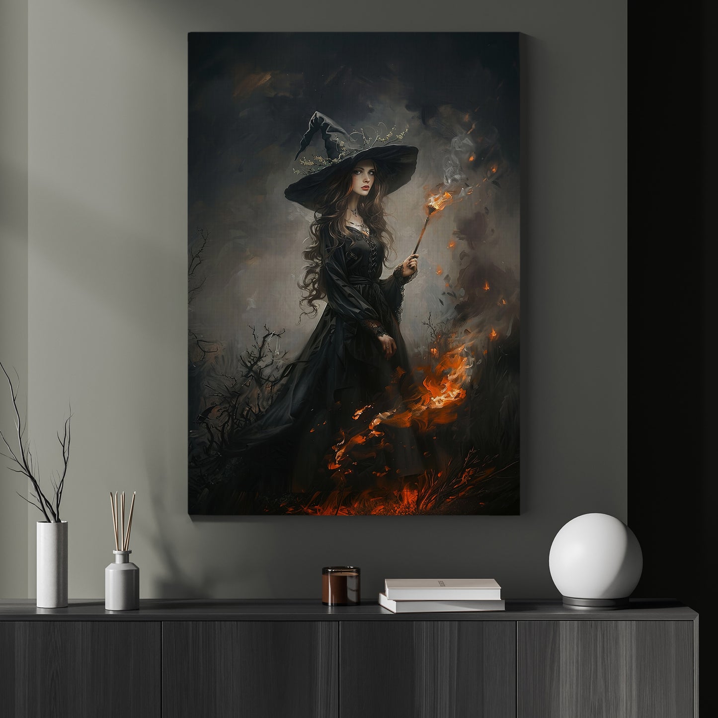 A Witch's Conquest With Flame, Witches Canvas Painting, Spooky Season Wall Art Decor, Halloween Poster Gift For Witch Lovers