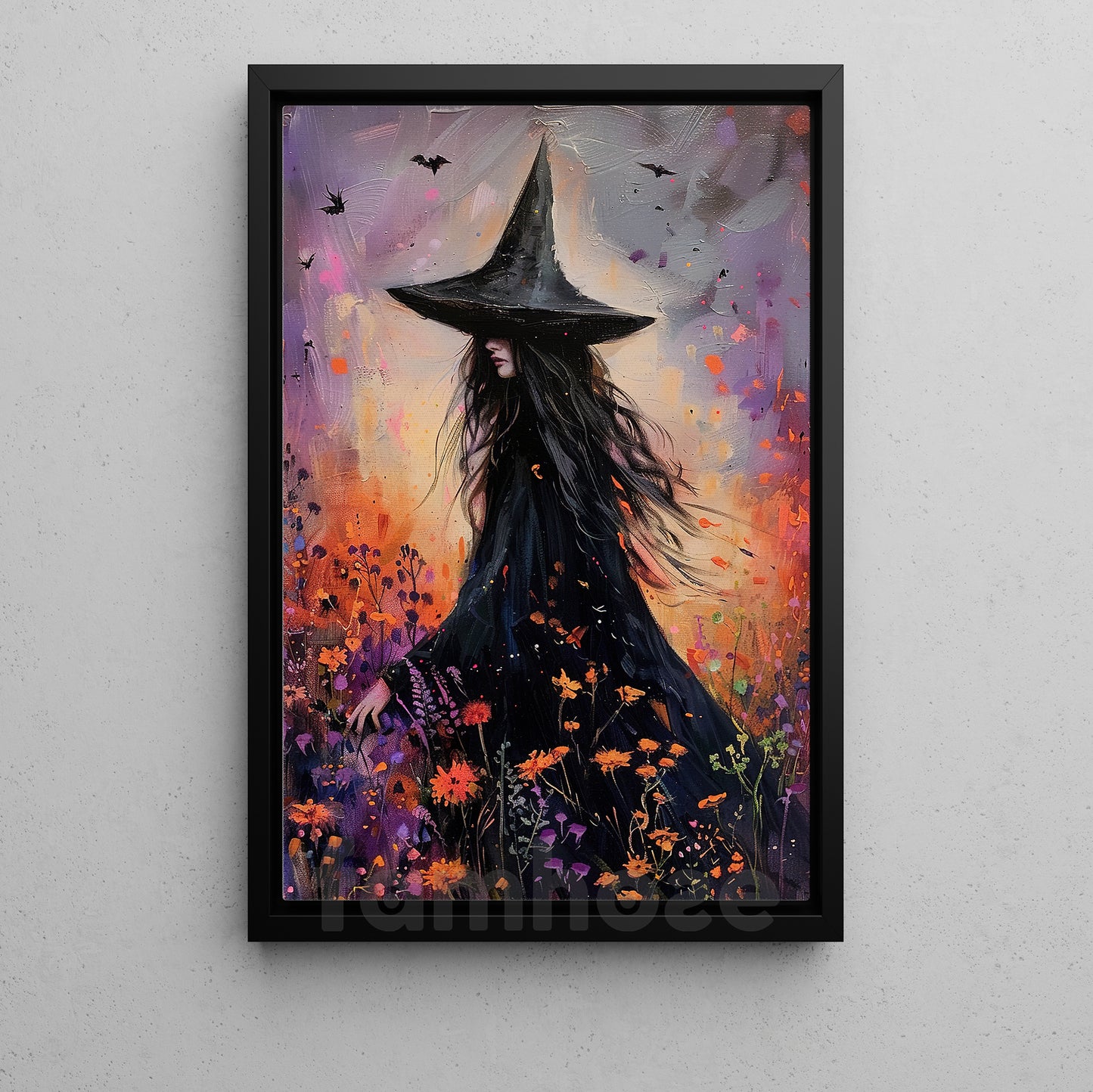 Halloween Witch Canvas Painting, Witch In Wildflower Field Wall Art Decor Spooky Season Poster Gift For Witch Lovers