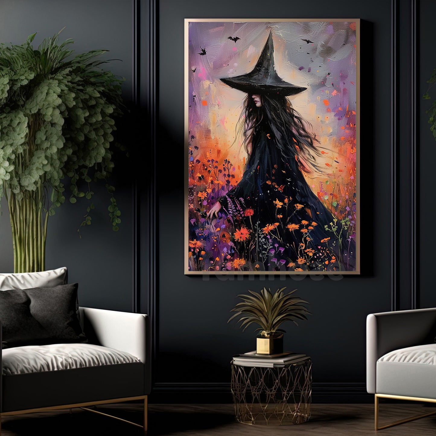 Halloween Witch Canvas Painting, Witch In Wildflower Field Wall Art Decor Spooky Season Poster Gift For Witch Lovers