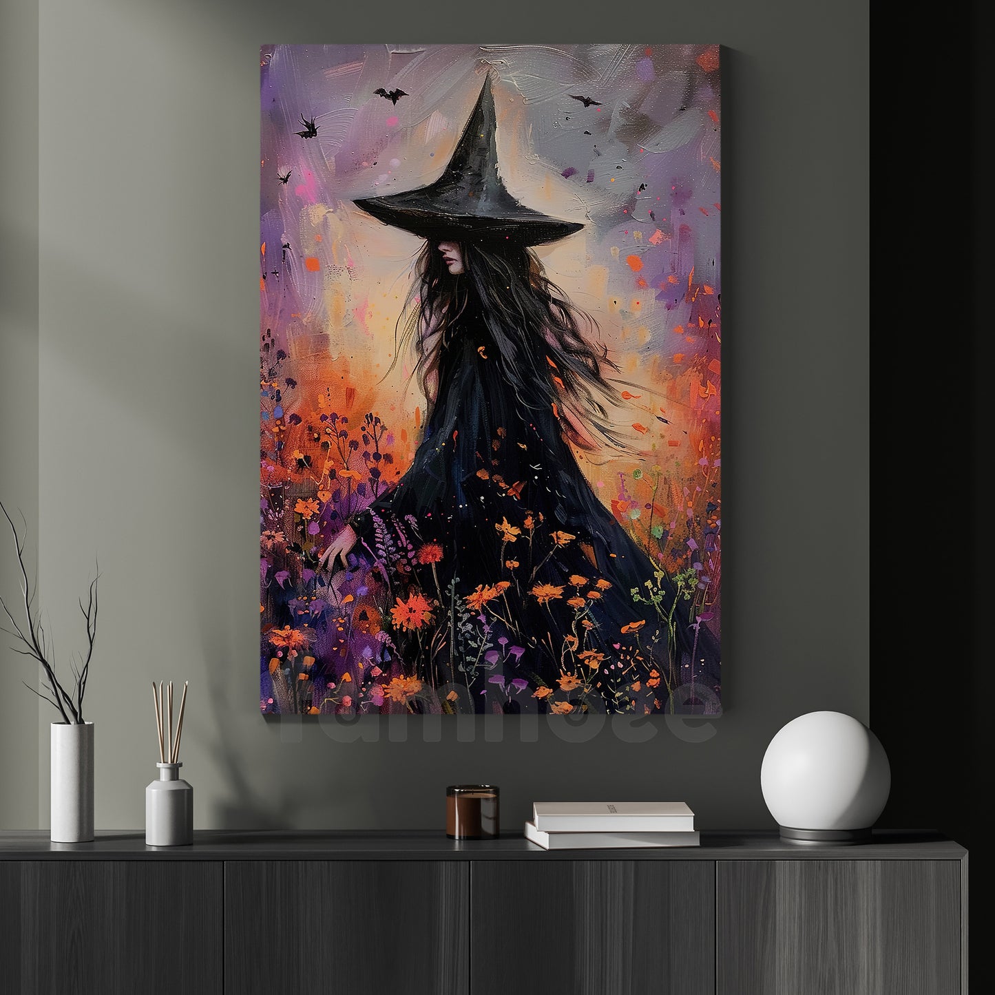 Halloween Witch Canvas Painting, Witch In Wildflower Field Wall Art Decor Spooky Season Poster Gift For Witch Lovers