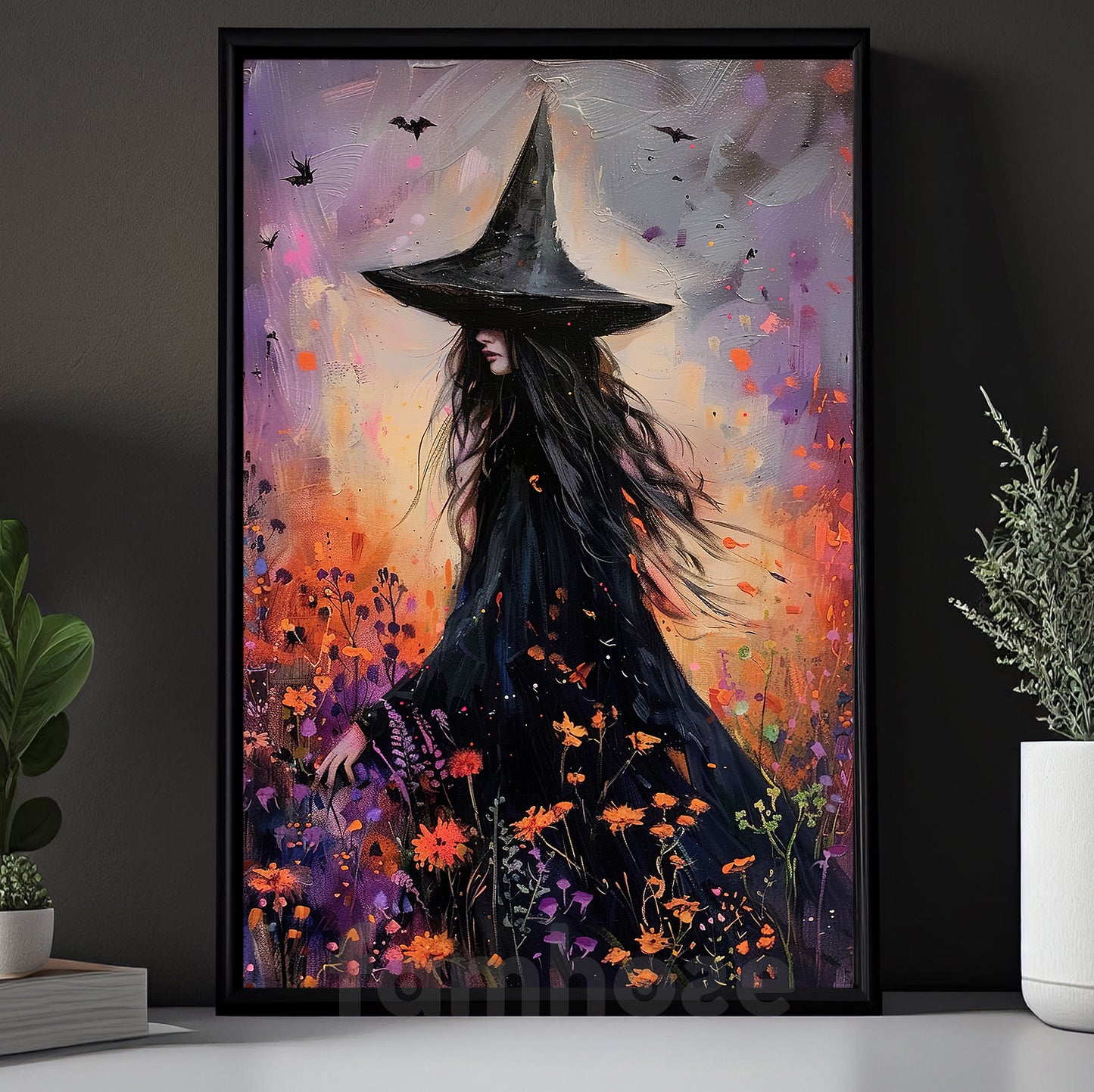 Halloween Witch Canvas Painting, Witch In Wildflower Field Wall Art Decor Spooky Season Poster Gift For Witch Lovers
