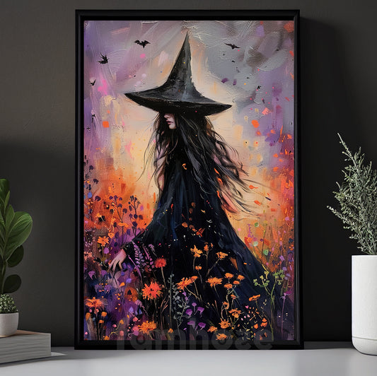 Halloween Witch Canvas Painting, Witch In Wildflower Field Wall Art Decor Spooky Season Poster Gift For Witch Lovers
