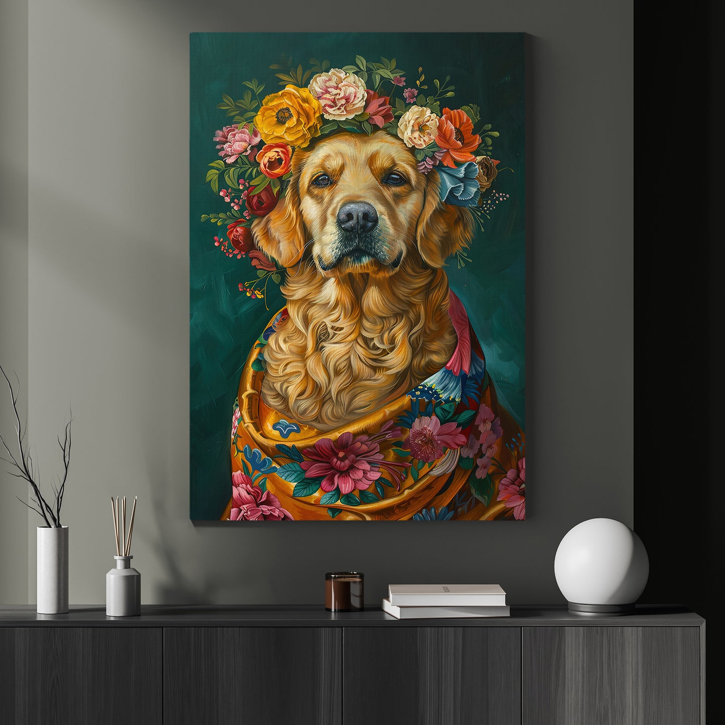 Blooming Beauty, Victorian Golden Retriever Dog Canvas Painting, Victorian Animal Wall Art Decor, Poster Gift For Golden Retriever Dog Lovers