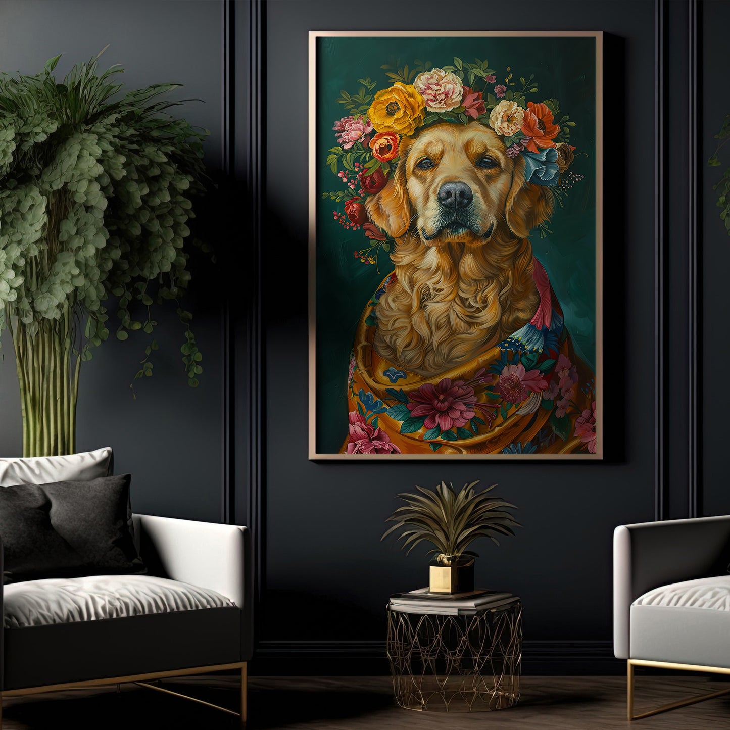 Blooming Beauty, Victorian Golden Retriever Dog Canvas Painting, Victorian Animal Wall Art Decor, Poster Gift For Golden Retriever Dog Lovers