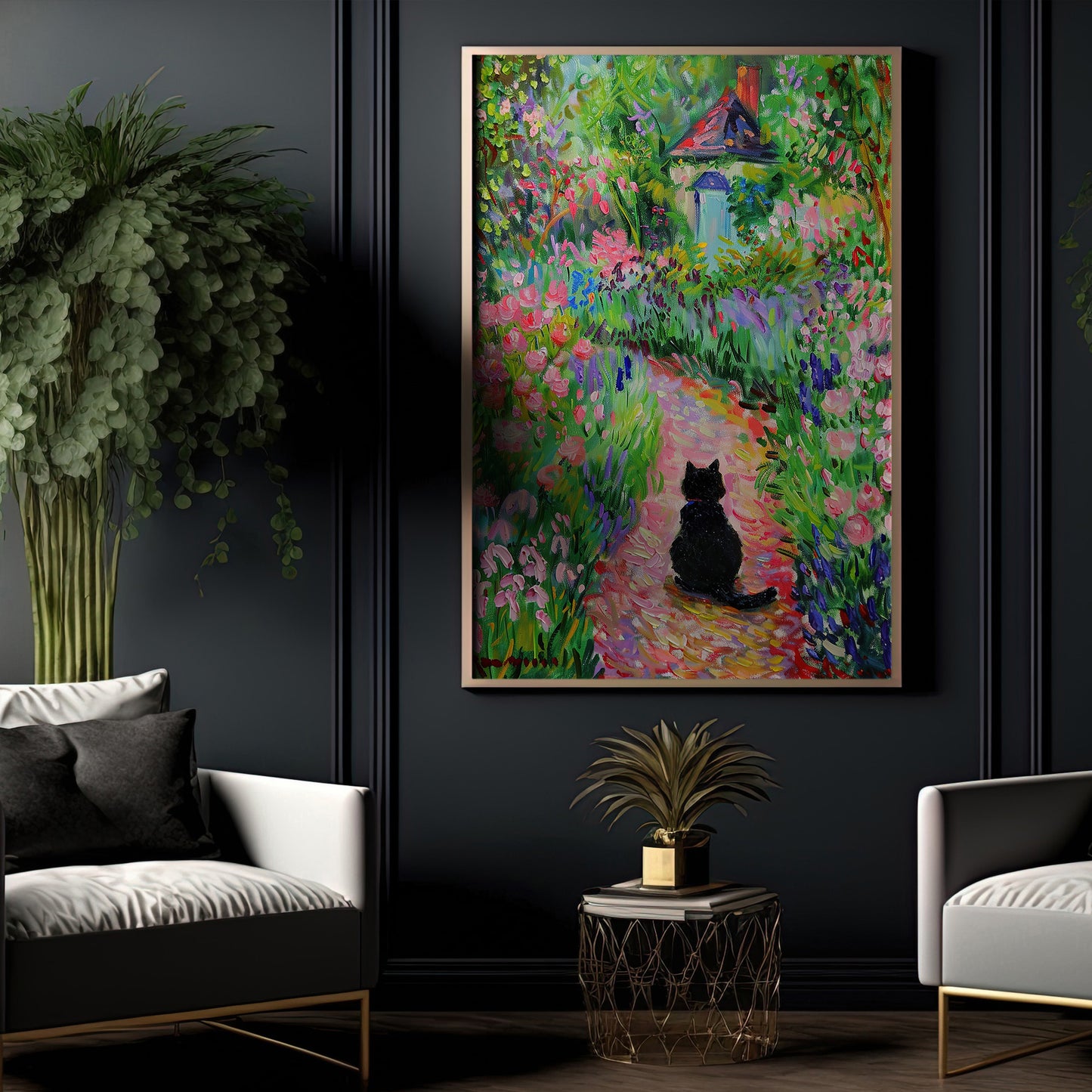 Watcher In The Wildflowers, Victorian Black Cat Canvas Painting, Victorian Animal Wall Art Decor, Poster Gift For Cat Lovers