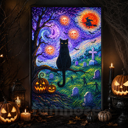 Halloween Black Cat Canvas Painting, Starry Night In Graveyard Wall Art Decor, Spooky Season Poster Gift For Cat Lover
