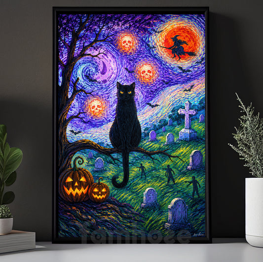 Halloween Black Cat Canvas Painting, Starry Night In Graveyard Wall Art Decor, Spooky Season Poster Gift For Cat Lover