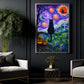 Halloween Black Cat Canvas Painting, Starry Night In Graveyard Wall Art Decor, Spooky Season Poster Gift For Cat Lover
