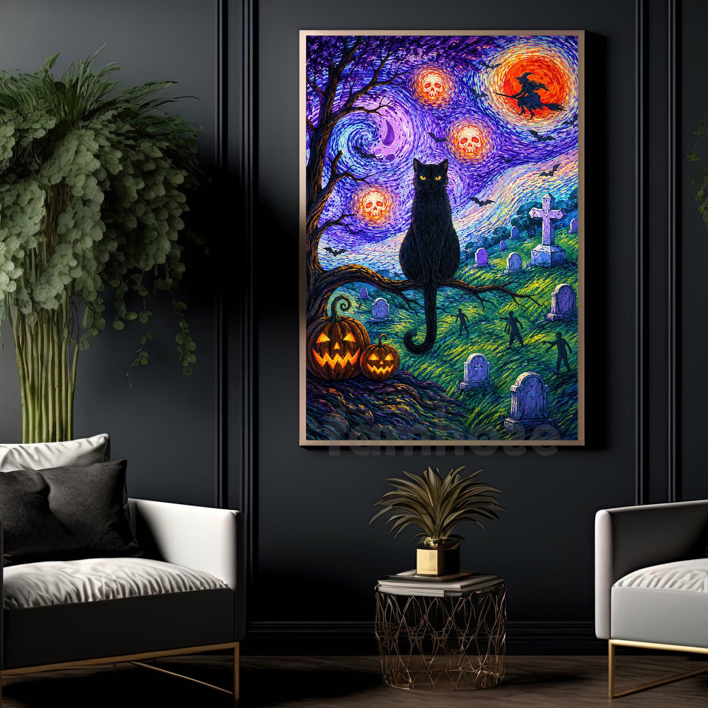 Halloween Black Cat Canvas Painting, Starry Night In Graveyard Wall Art Decor, Spooky Season Poster Gift For Cat Lover