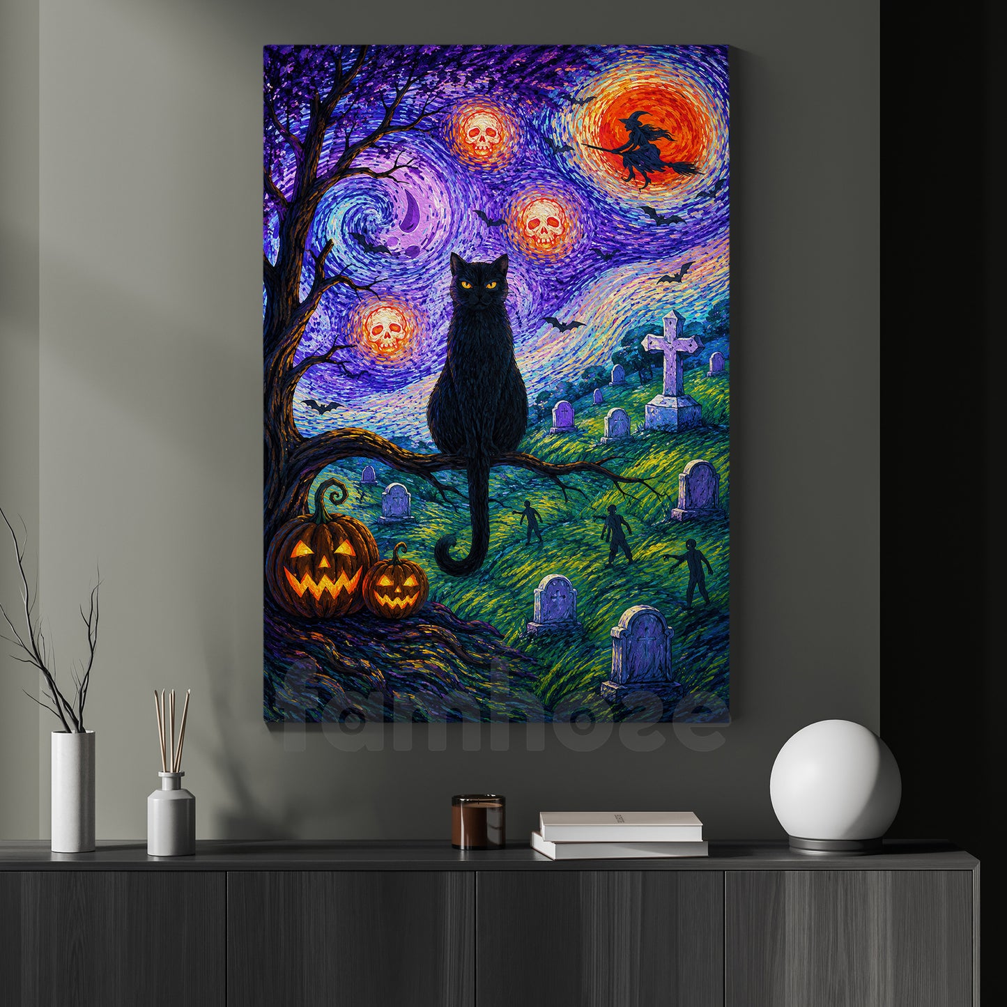 Halloween Black Cat Canvas Painting, Starry Night In Graveyard Wall Art Decor, Spooky Season Poster Gift For Cat Lover