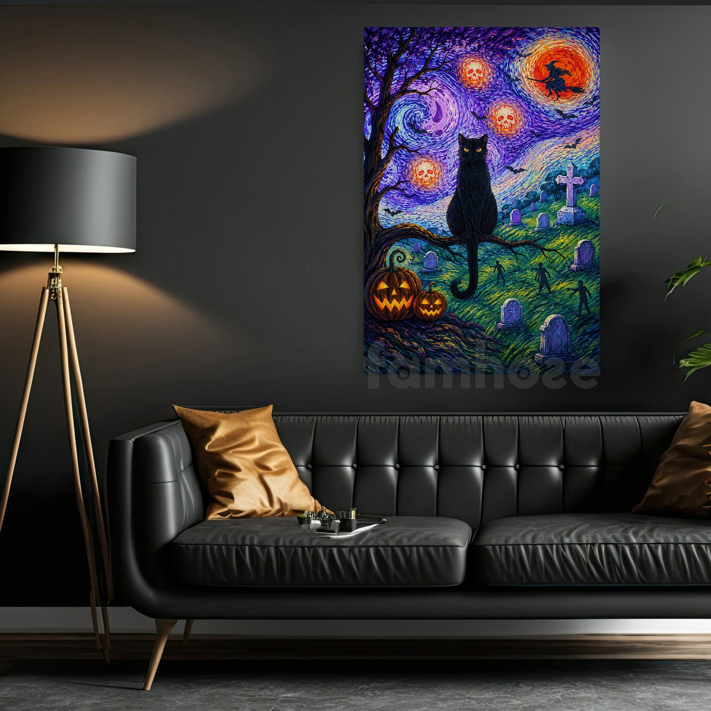 Halloween Black Cat Canvas Painting, Starry Night In Graveyard Wall Art Decor, Spooky Season Poster Gift For Cat Lover