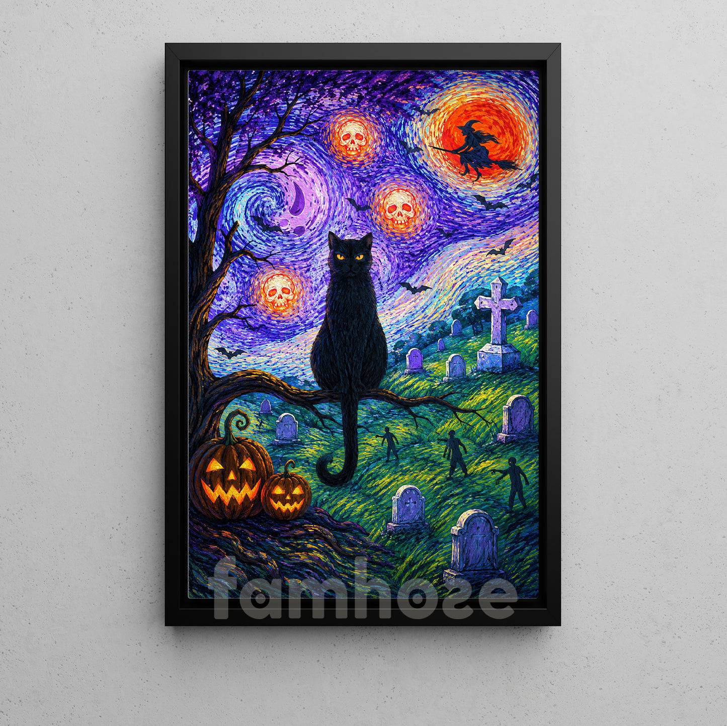 Halloween Black Cat Canvas Painting, Starry Night In Graveyard Wall Art Decor, Spooky Season Poster Gift For Cat Lover