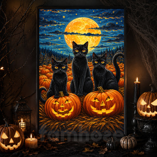 Halloween Black Cat Canvas Painting, Black Cats Pumpkin Patch Wall Art Decor, Spooky Season Poster Gift For Cat Lover