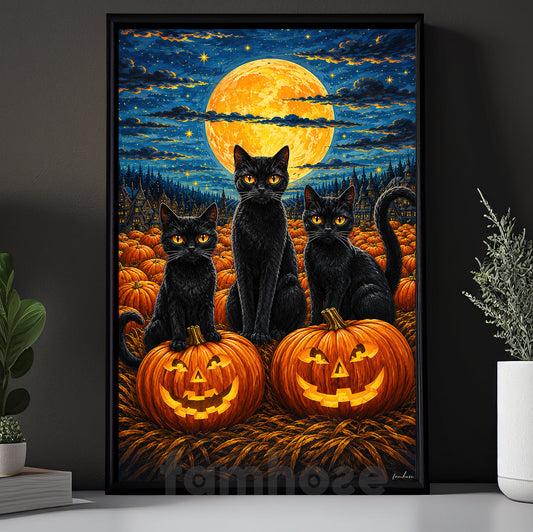 Halloween Black Cat Canvas Painting, Black Cats Pumpkin Patch Wall Art Decor, Spooky Season Poster Gift For Cat Lover