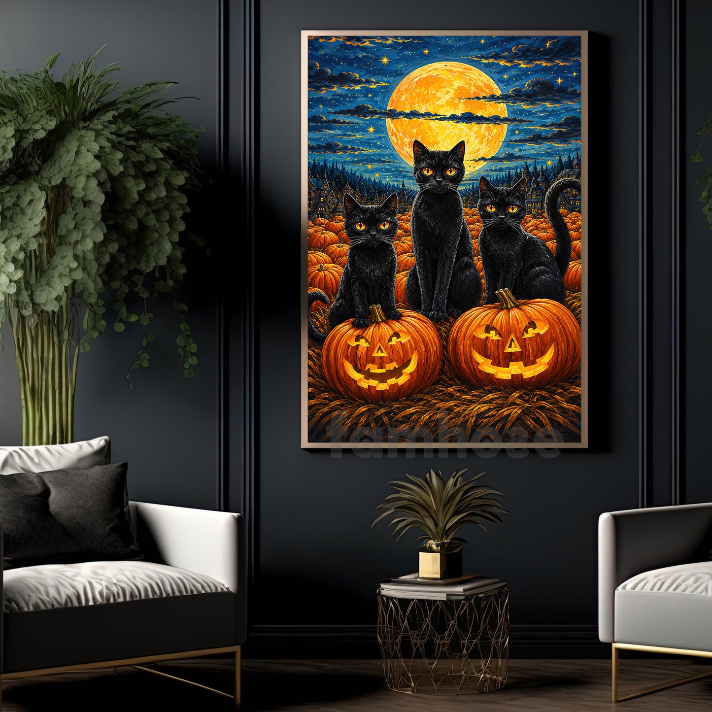 Halloween Black Cat Canvas Painting, Black Cats Pumpkin Patch Wall Art Decor, Spooky Season Poster Gift For Cat Lover