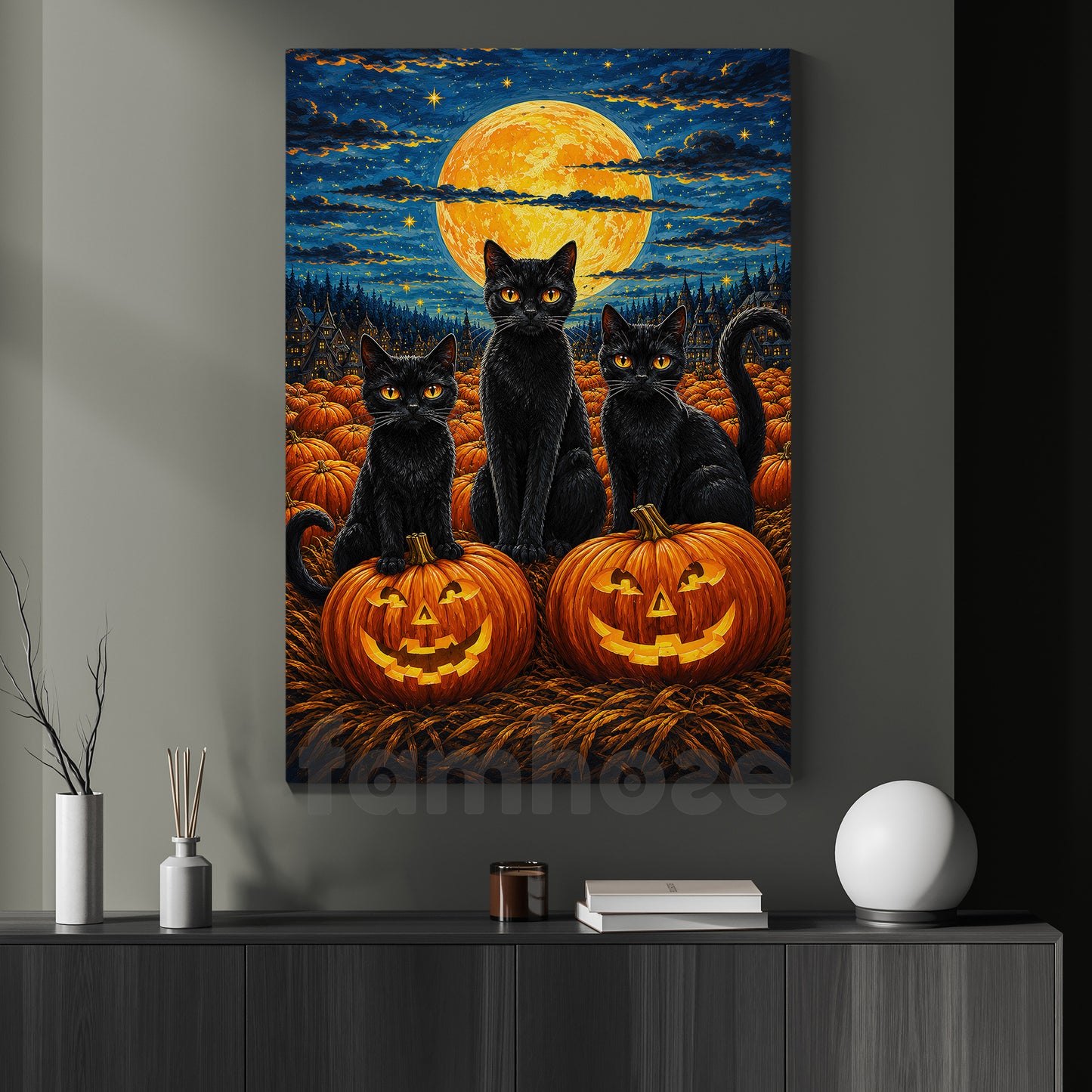Halloween Black Cat Canvas Painting, Black Cats Pumpkin Patch Wall Art Decor, Spooky Season Poster Gift For Cat Lover